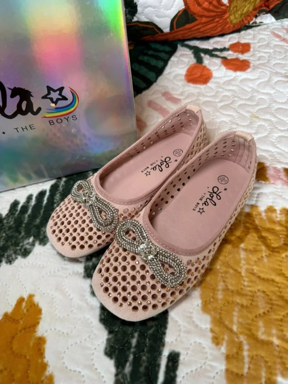 NIB Lola + The Boys Pink Rhinestone Sparkle Bow Ballet Flats Shoes Size 13C EU31